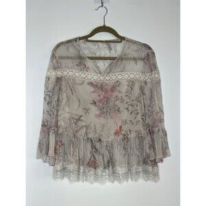 Elie Tahari 100% SIlk Floral Pattern Lace Details‎ Bell Sleeve Shamra Blouse L